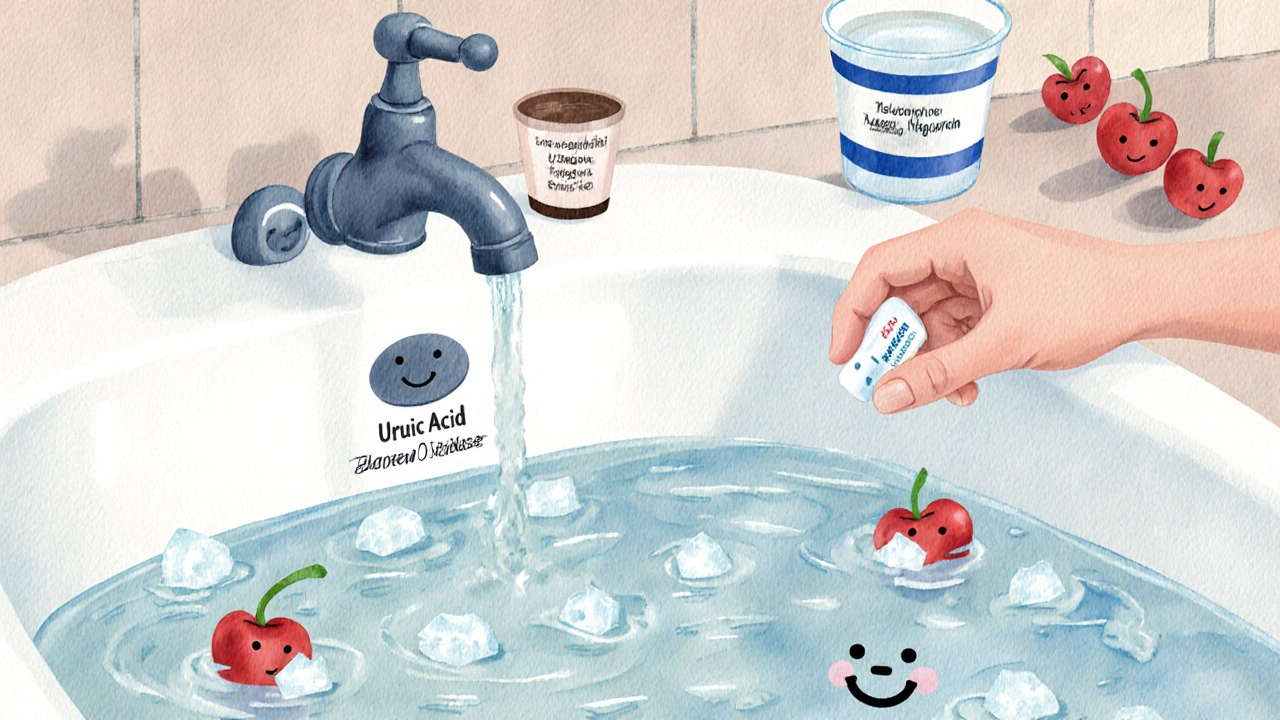 A bathtub draining uric acid as crystals dissolve, with cherries, yogurt, and water floating nearby in a storybook scene.