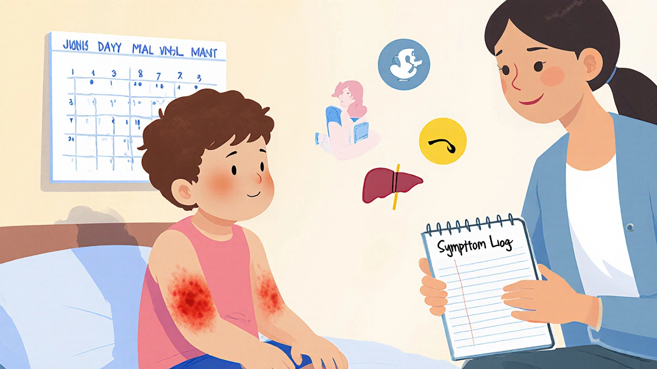 A child with a rash sitting on a bed while a parent logs symptoms in a notebook.