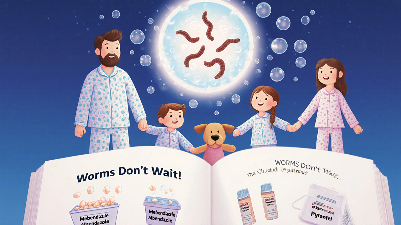 A family holding hands as soap bubbles wash away worms, with a book about deworming open on the floor.