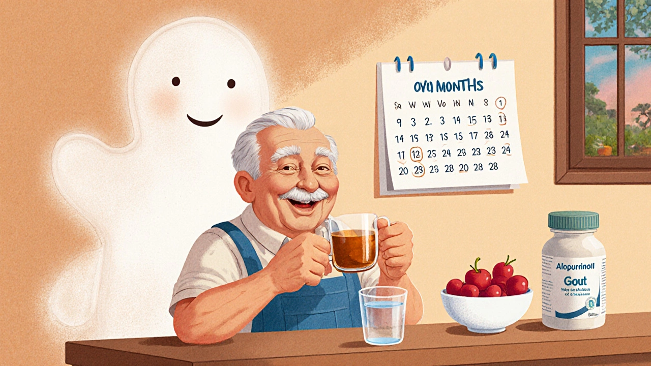 A happy fisherman beside cherries and yogurt, with a calendar showing zero gout flares and a fading flare ghost in the background.