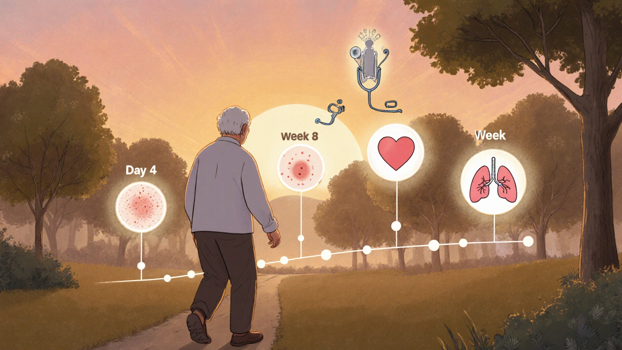An elderly person walking at sunset with a timeline showing delayed drug reactions behind them.