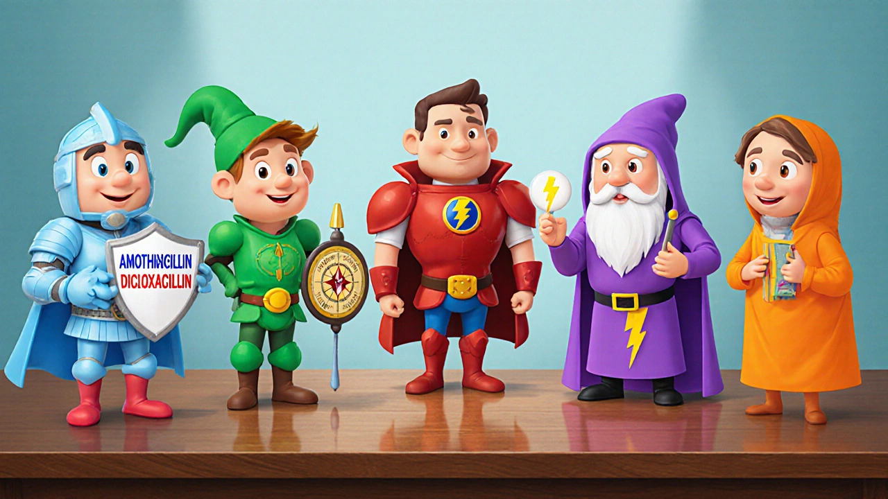 Anthropomorphic antibiotic characters showing their unique traits.