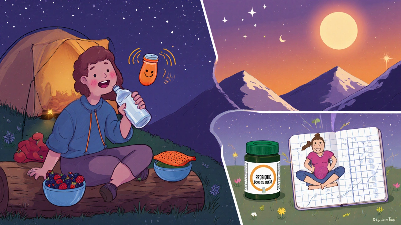 Camp scene with hiker drinking water, eating berries, breathing exercises, and later doing yoga.