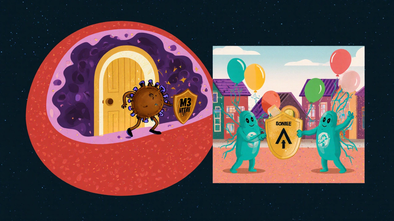 Cartoon cell showing amantadine blocking a virus and boosting dopamine in brain neurons.