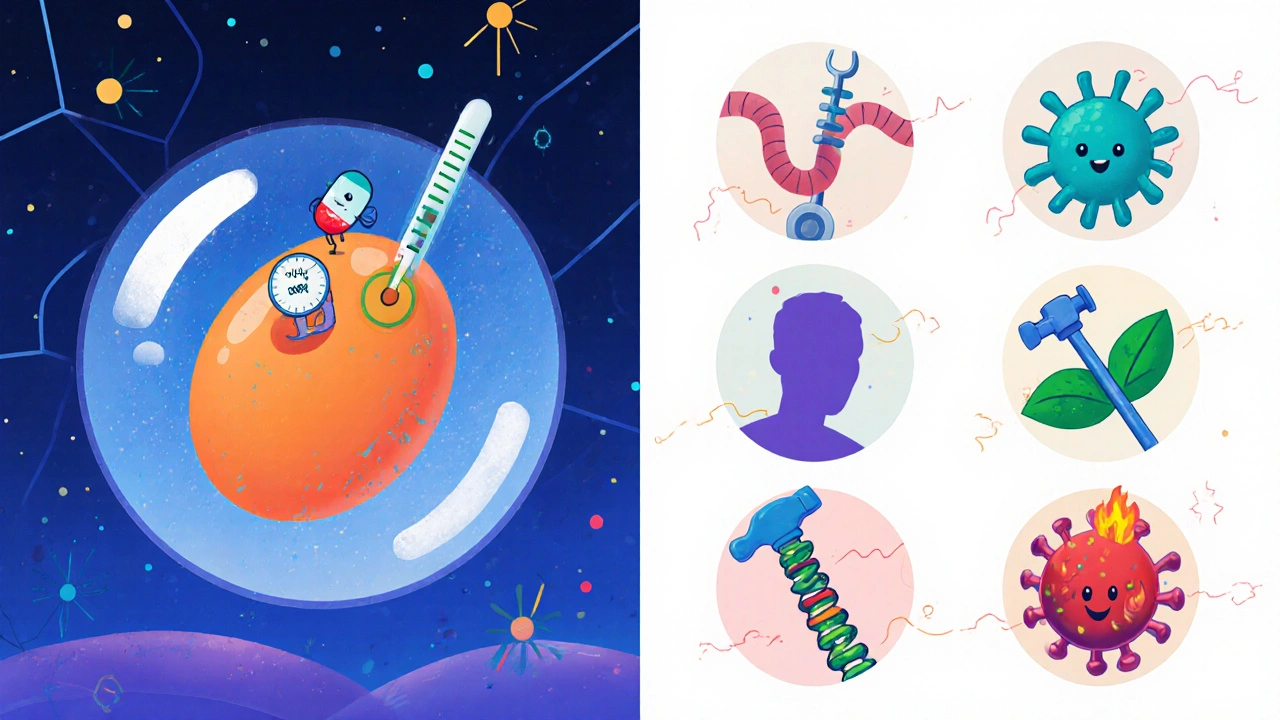 Cartoon cells show hydroxychloroquine raising pH and other drugs' mechanisms in mini scenes.