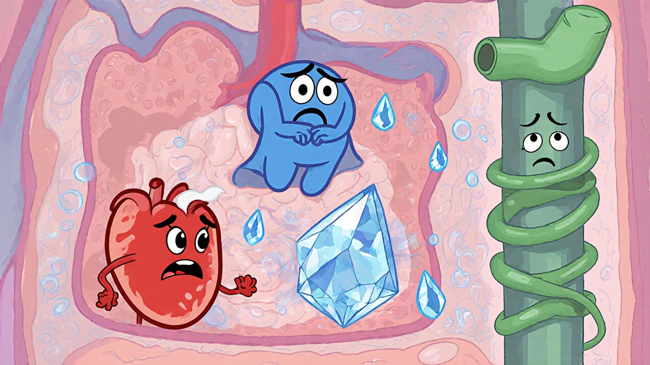 Cartoon view of heart, kidneys, sodium crystals, and blocked lymphatics causing swelling.