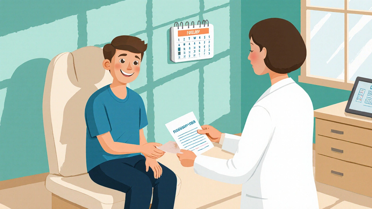 Character receiving a prescription from a smiling doctor in a bright exam room with a calendar.