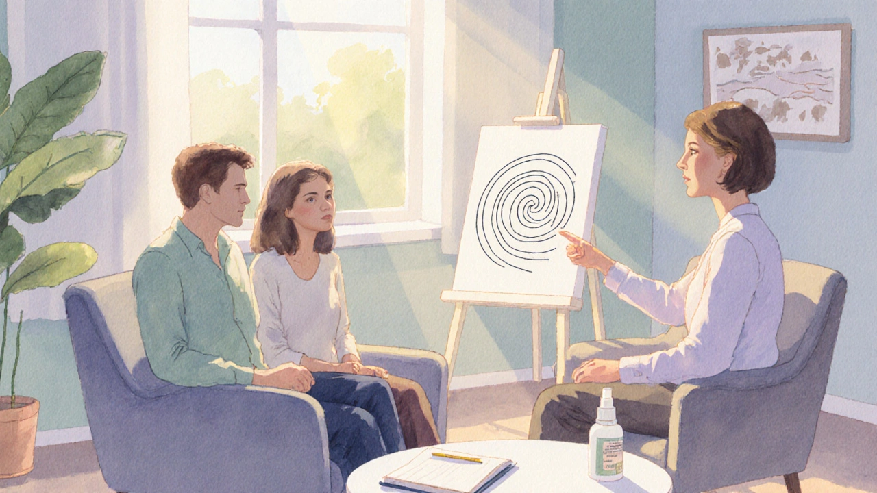 Couple with therapist in a cozy office discussing non‑drug strategies for premature ejaculation.