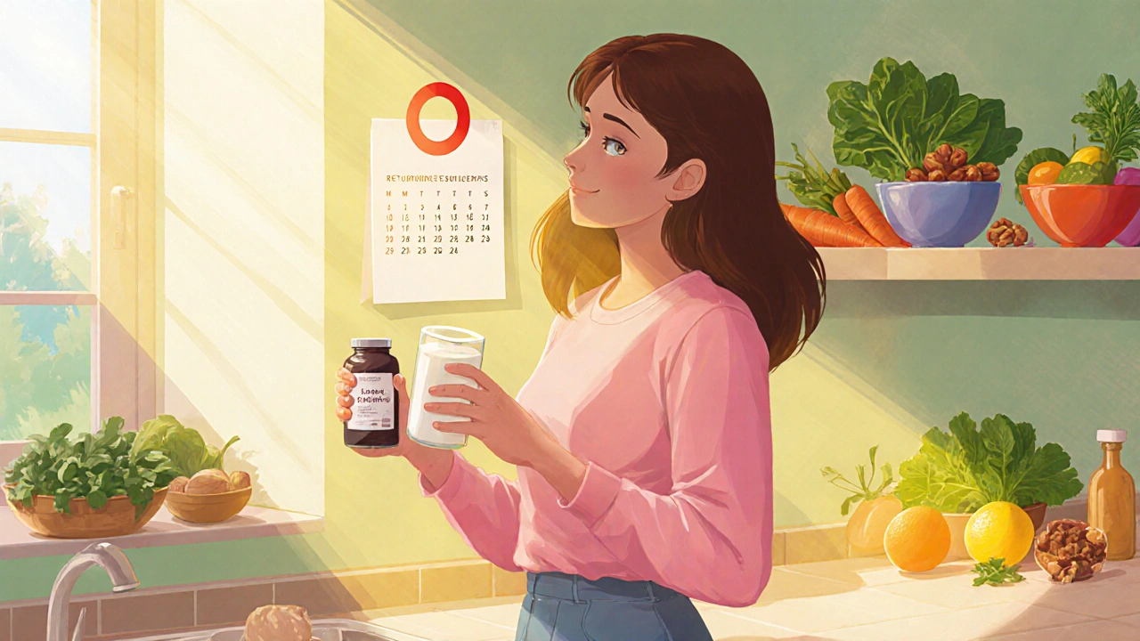 Digital art of a woman in a kitchen with supplements and a calendar showing period return.