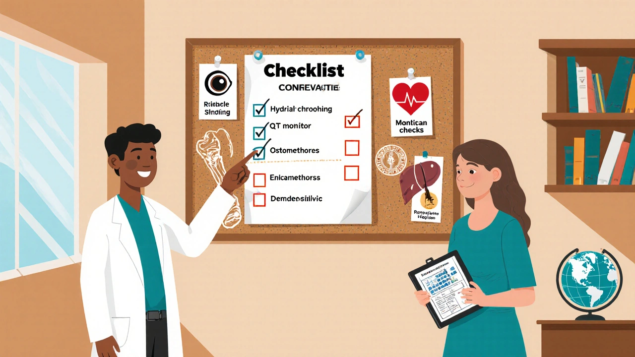 Doctor and patient review a checklist with icons for safety and regulatory notes in a clinic.
