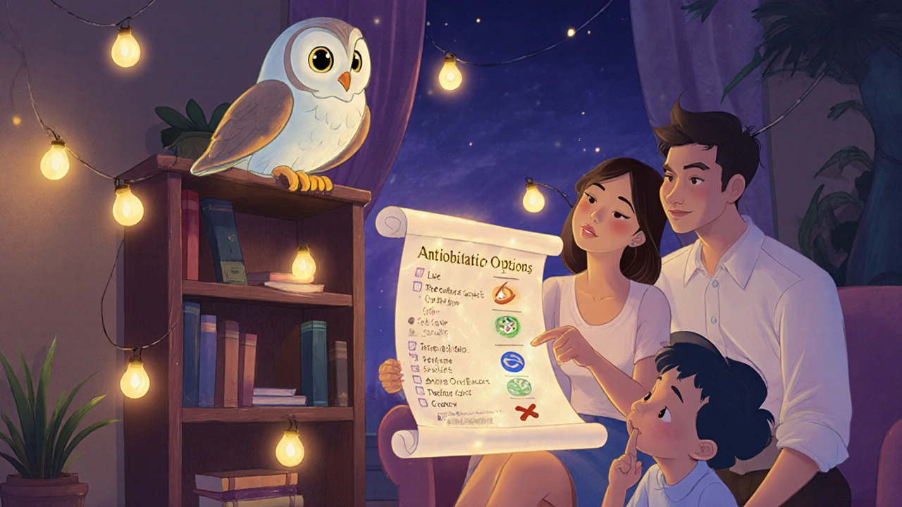 Family consulting a wise owl about choosing the right antibiotic.