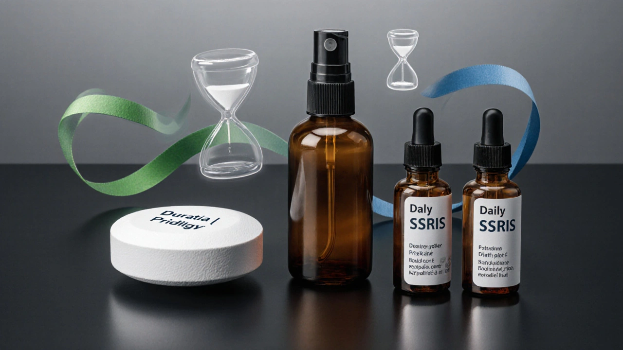Flat lay of a tablet, spray bottle, and daily pill bottles illustrating treatment options.