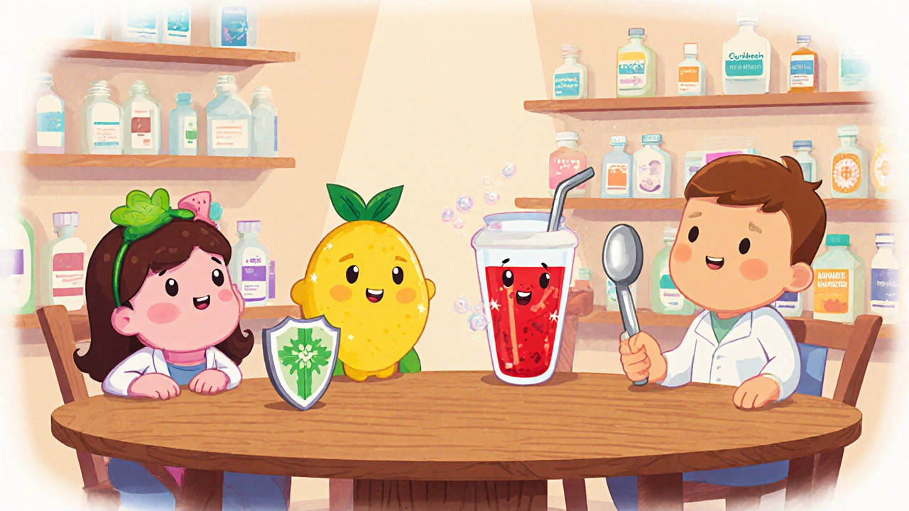 Four friendly drug characters sit around a table comparing their traits.