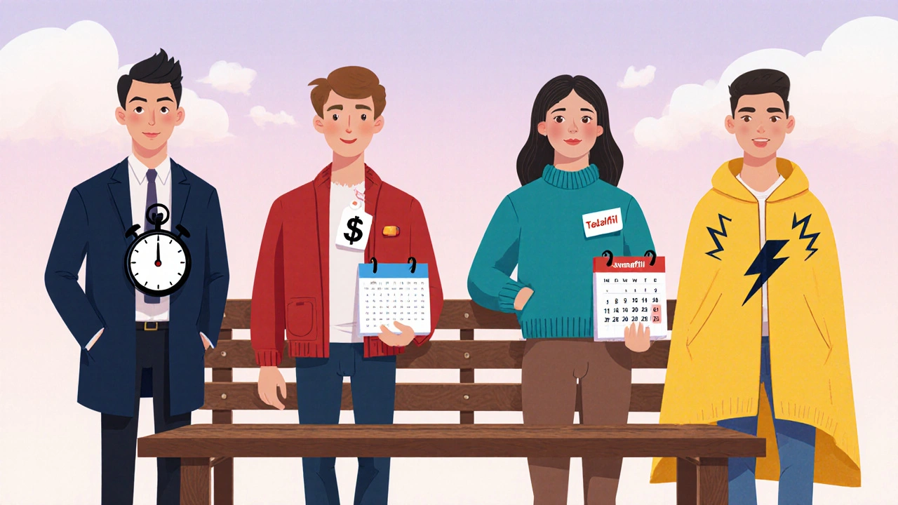 Four friendly pill characters side by side, each showing unique traits like speed and cost.