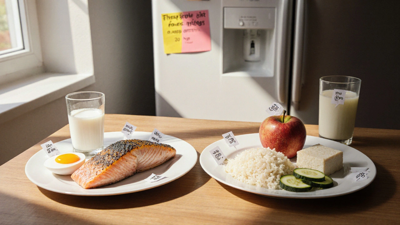 Kitchen counter with high‑phosphate foods on one plate and low‑phosphate alternatives on another.