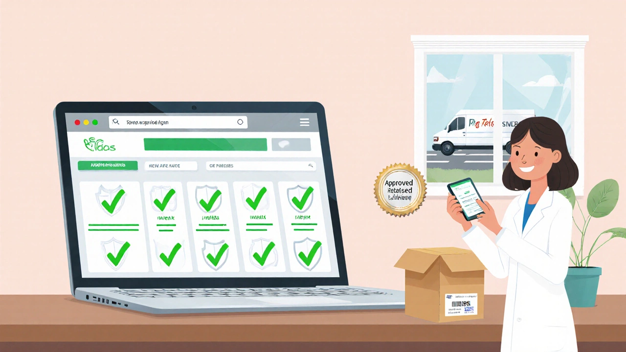 Laptop showing verification icons, pharmacist holding tablet, shipping box nearby.