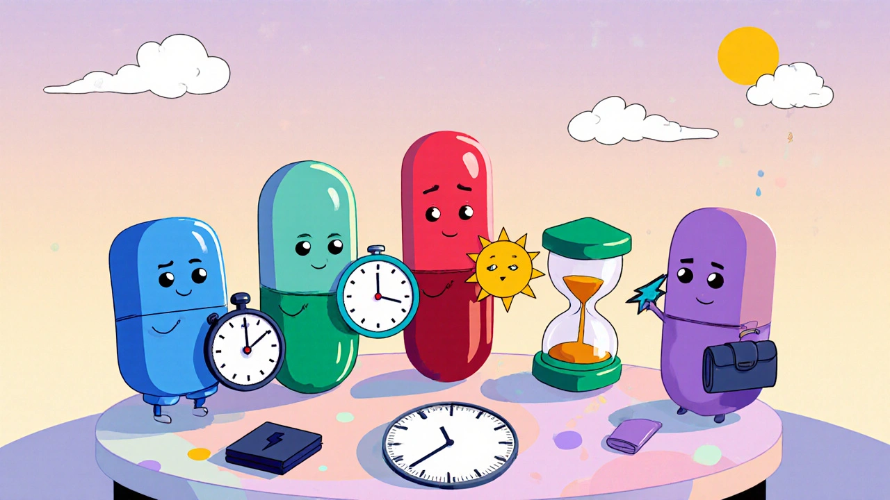 Lineup of colorful pill characters with accessories showing onset, duration, side effects, and price.