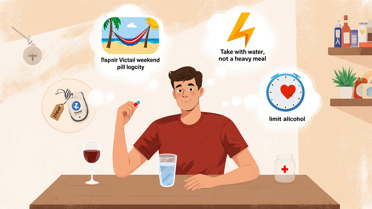 Man at a kitchen table holding water and Tadacip, with thought bubbles of beach, lightning bolt, and price tag.