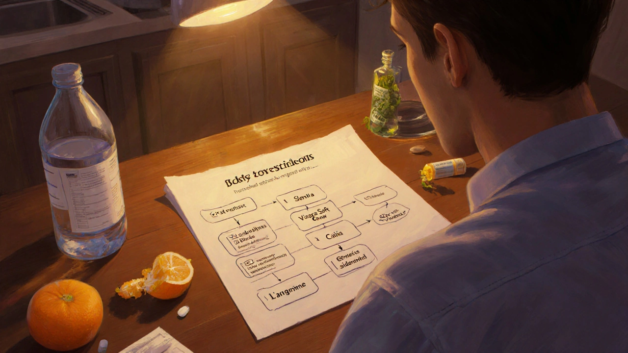 Man at kitchen table reviewing a decision chart of ED medication options.