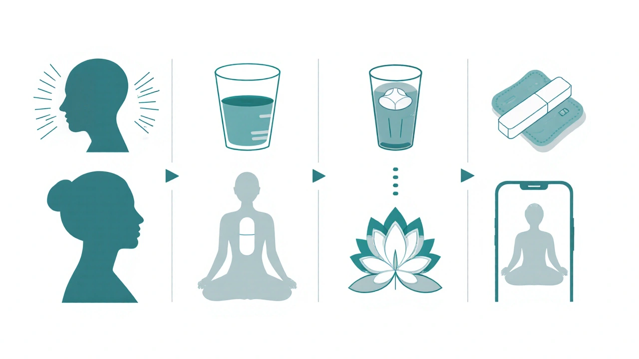 Minimalist icons for breathing, water, compress, pill, meditation, and doctor call as a headache action plan.