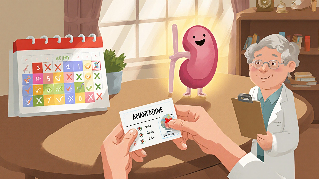 Older adult with medication card, calendar, kidney, and doctor cartoon in a warm home.