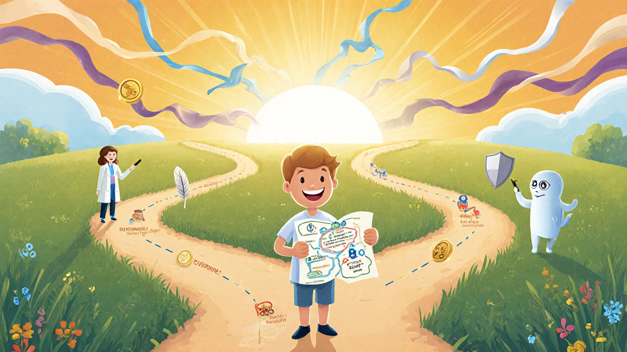 Patient at a meadow crossroads holding a map with icons for cost, safety, and side effects.