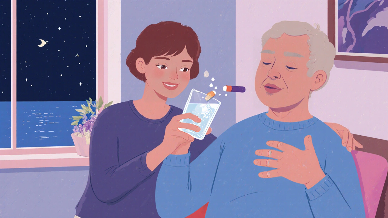 Patient drinking water with Carbocisteine tablet while receiving gentle chest physiotherapy.