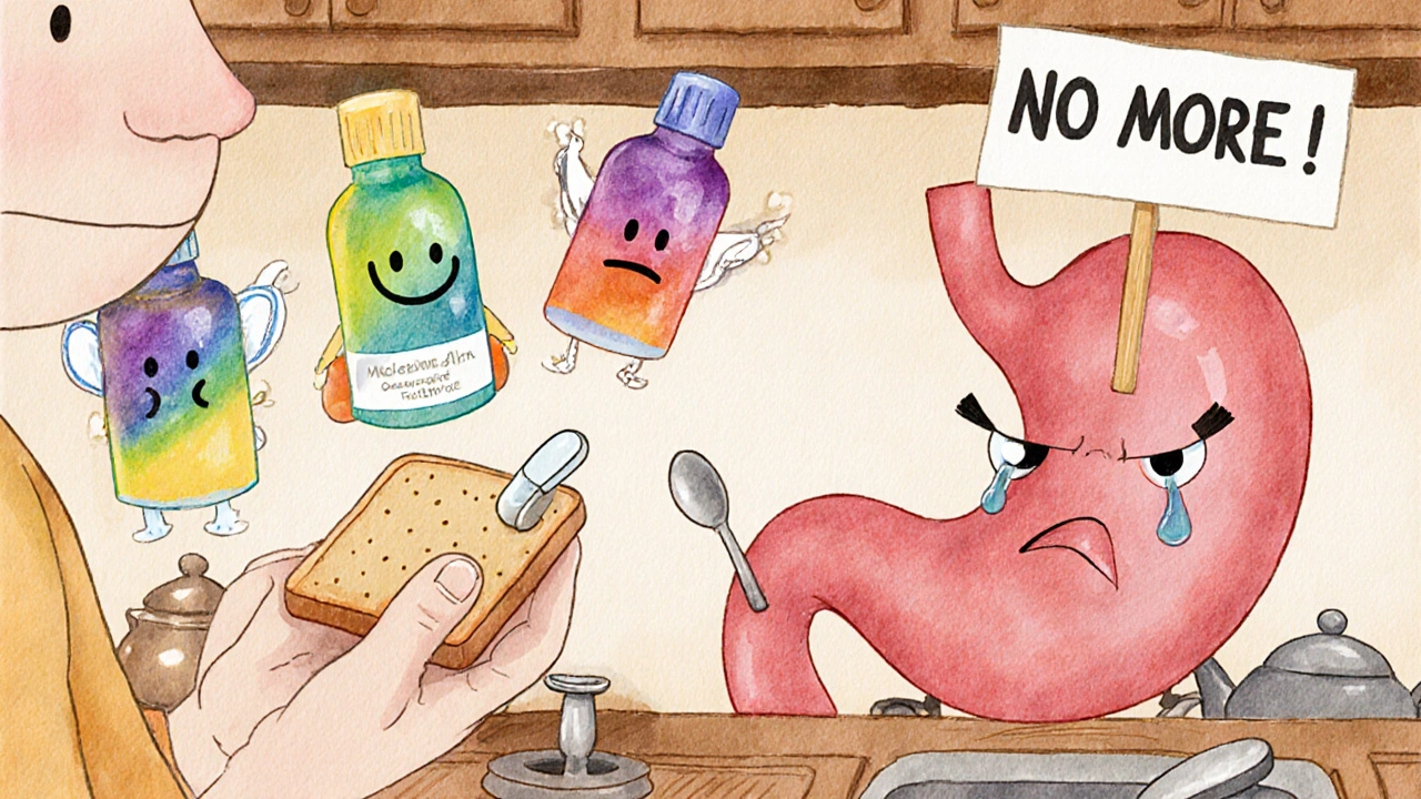 Patient eating a snack while their grumpy stomach protests opioid nausea.