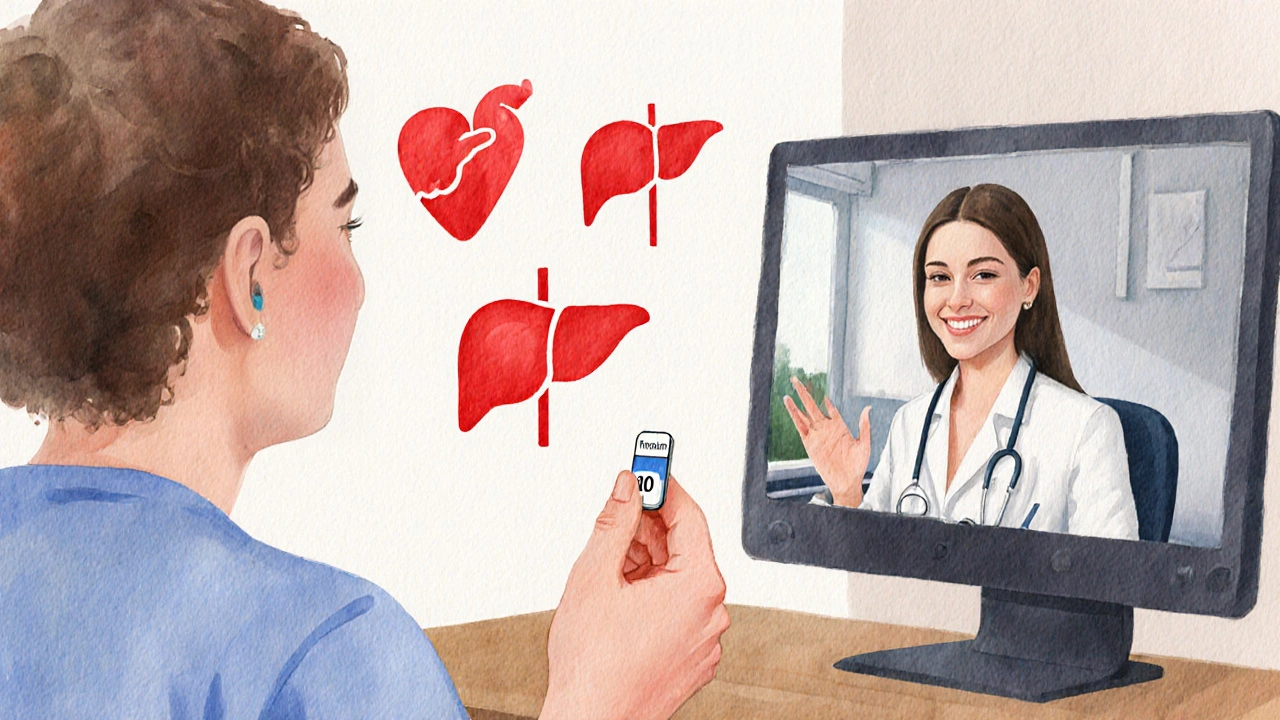 Patient holding rosuvastatin tablet with &quot;R10&quot; imprint during video call with doctor.