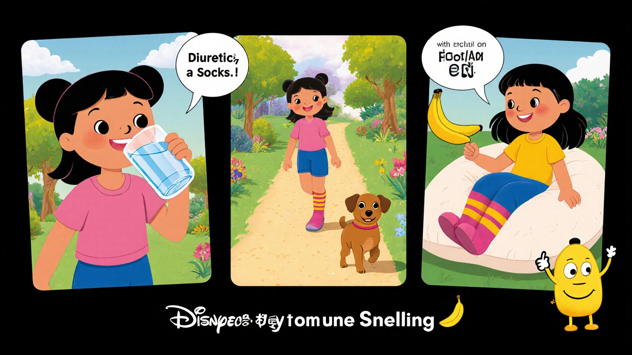 Person drinking water, walking, elevating legs, wearing compression socks, with a smiling pill.