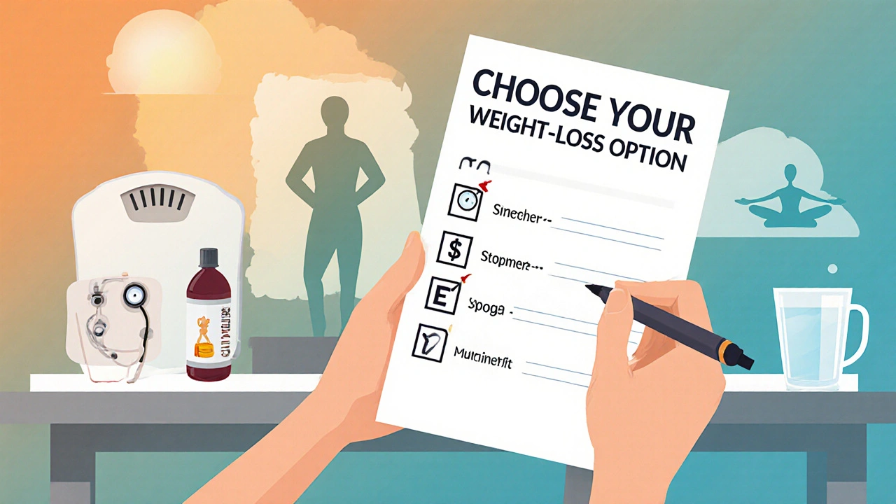 Person reviewing a checklist of health, budget, speed and lifestyle factors while planning weight‑loss options.