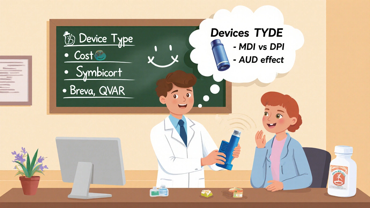 Pharmacist handing a new inhaler to a patient with a thought bubble showing decision factors.