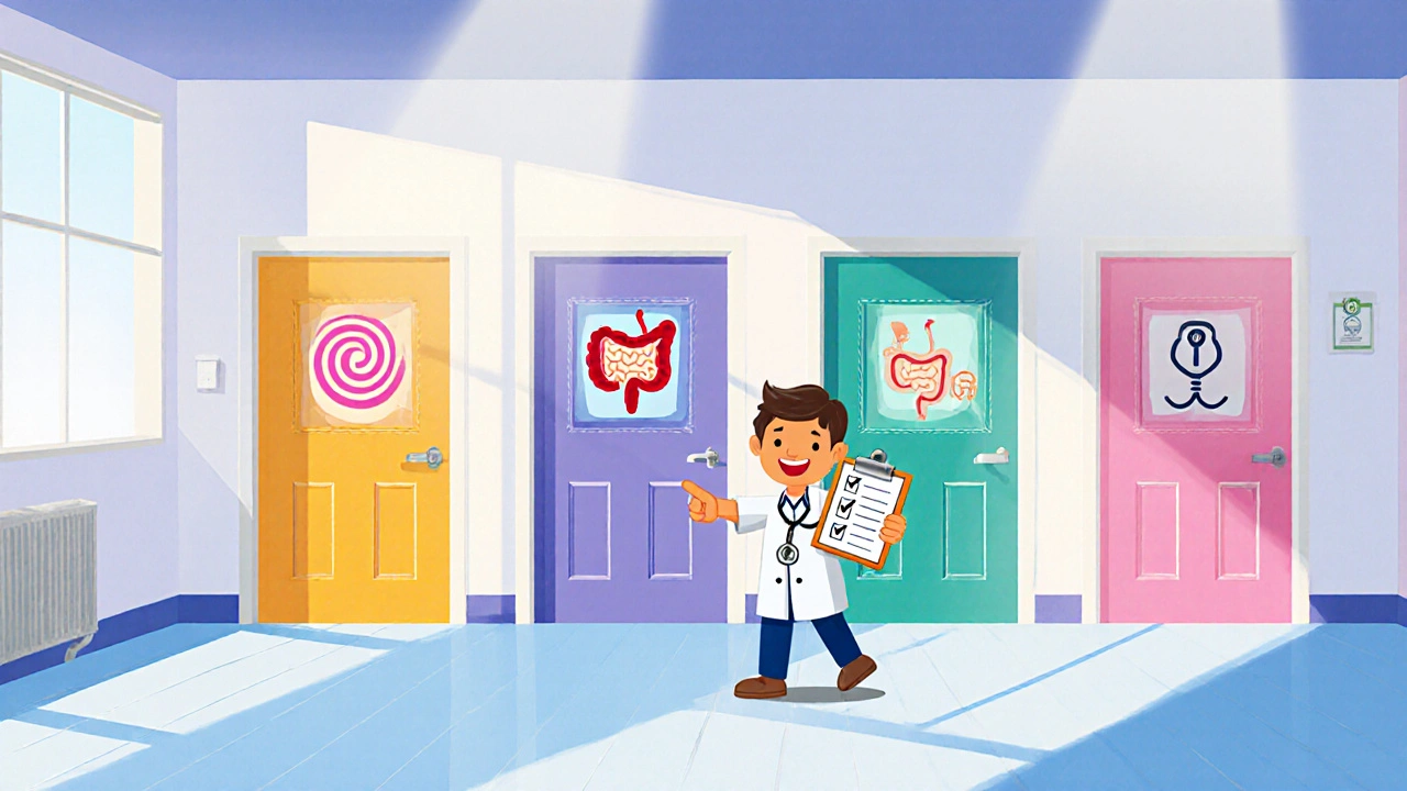 Playful clinic hallway with doors for different specialists and a guide holding a checklist.