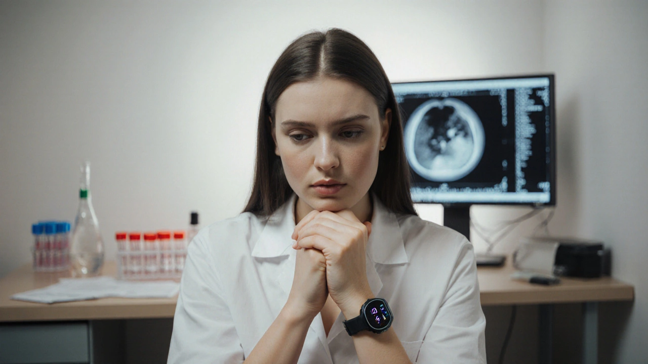 Portrait of a woman showing Graves&#039; symptoms with medical testing backdrop.