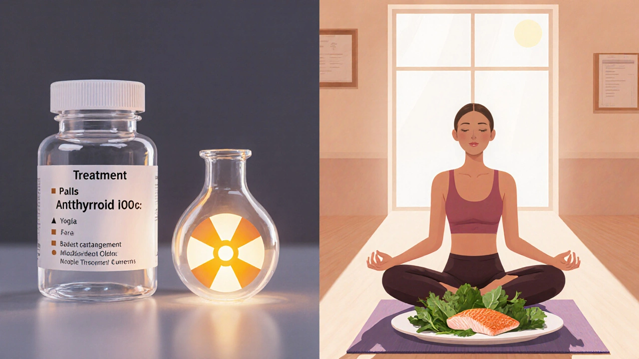 Scene depicting treatment options and healthy lifestyle for Graves&#039; disease.