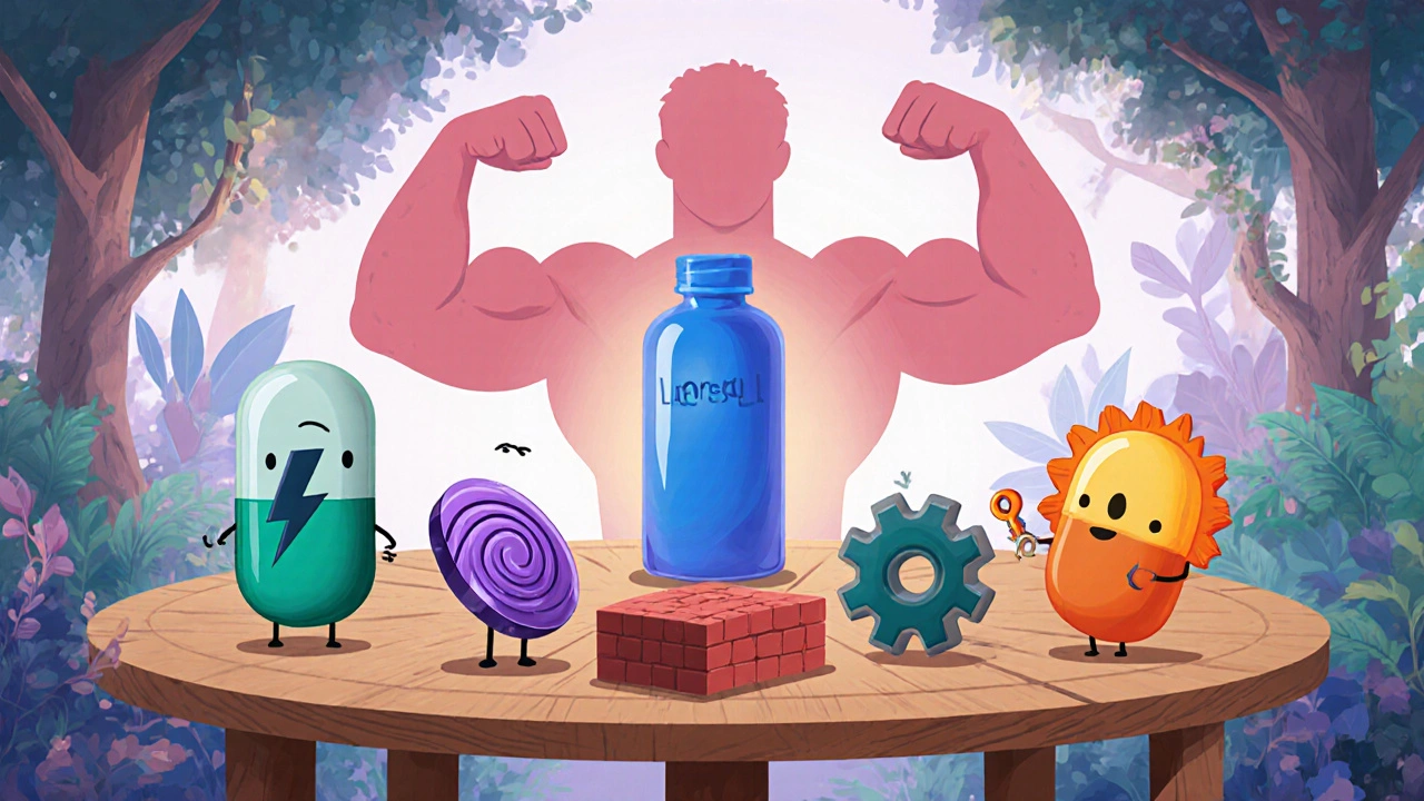 Six pill characters around a table each symbolizing a muscle‑relaxant drug.