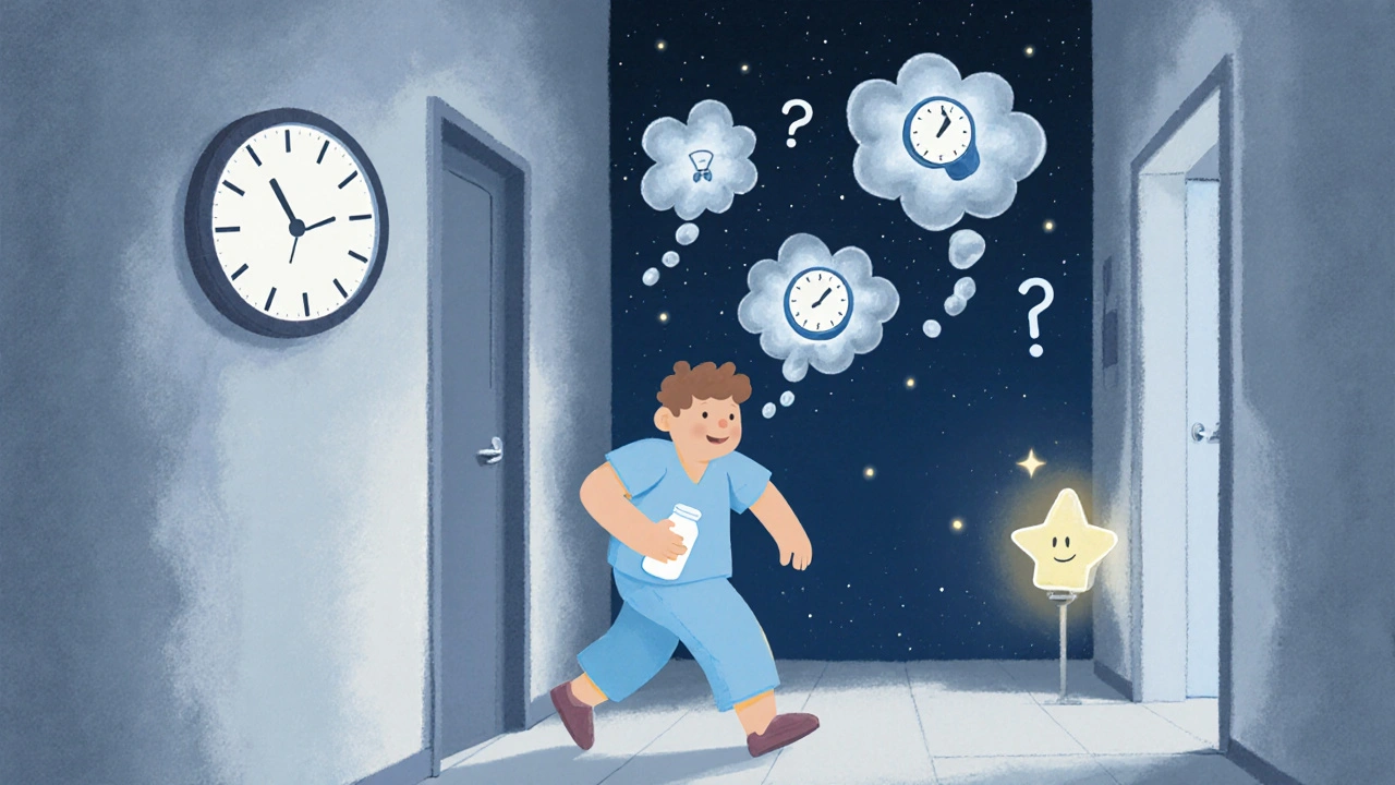 Sleepy person stumbling at night with foggy thought bubbles above their head.