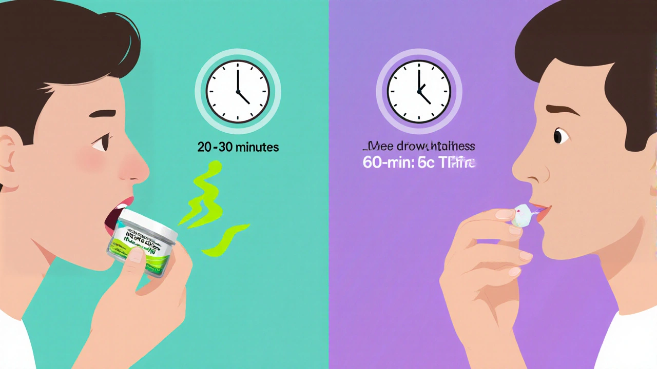 Split illustration comparing fast‑acting chewable tablet to slower swallowable generic tablet.