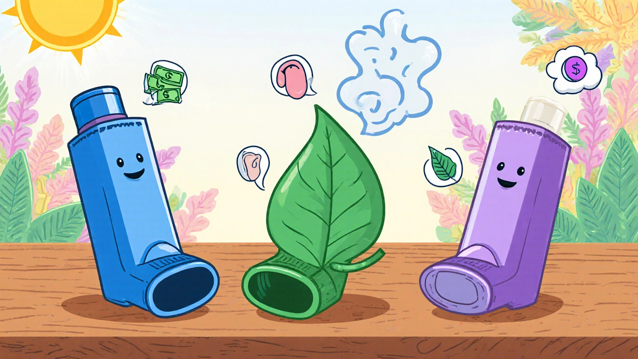 Three inhalers placed side by side with icons for cost, side effects, and environmental impact.
