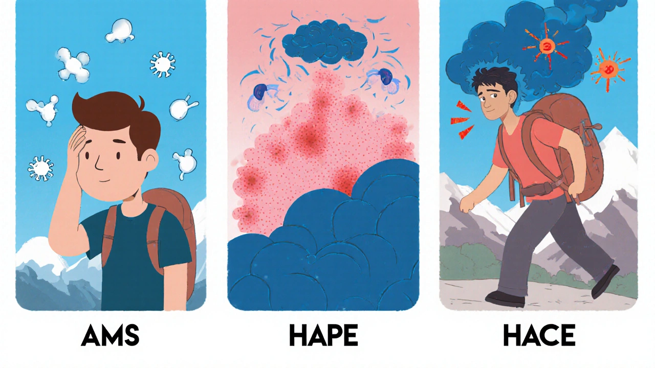 Three panels showing symptoms of AMS, HAPE, and HACE with immune system icons.