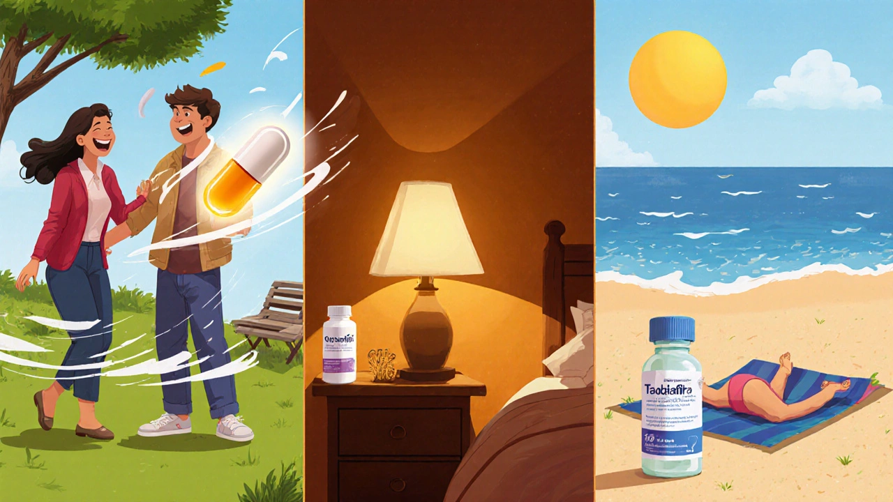 Three scenes showing spontaneous, planned, and weekend use of different ED medications.
