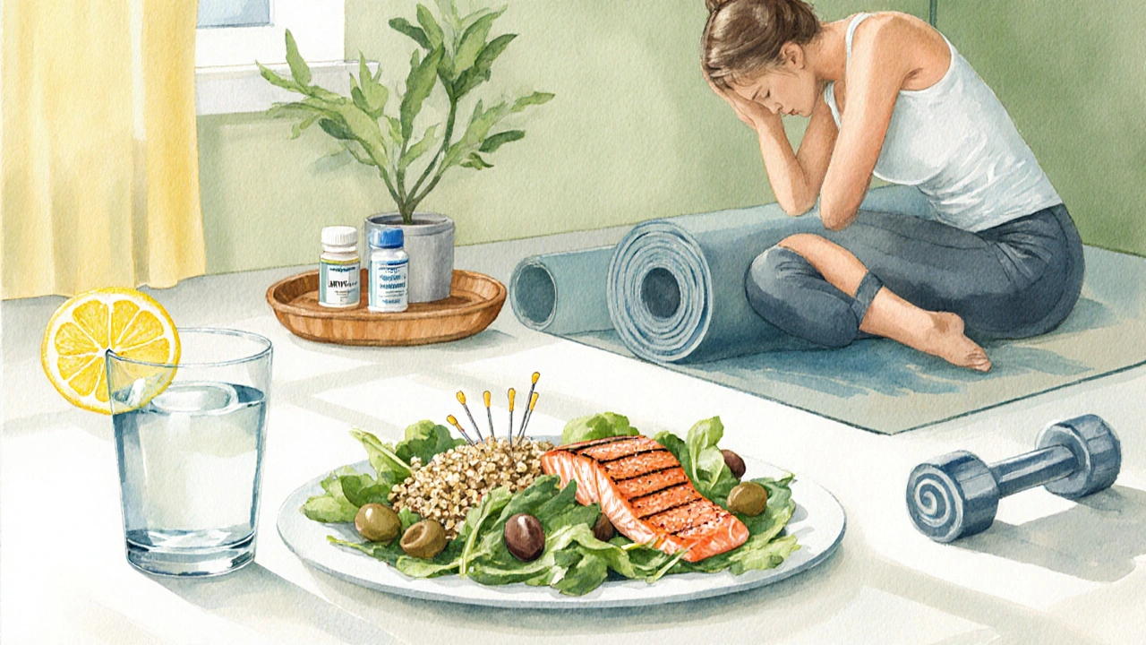Water bottle, Mediterranean meal, yoga mat, acupuncture needles, and dumbbell representing lifestyle tips.