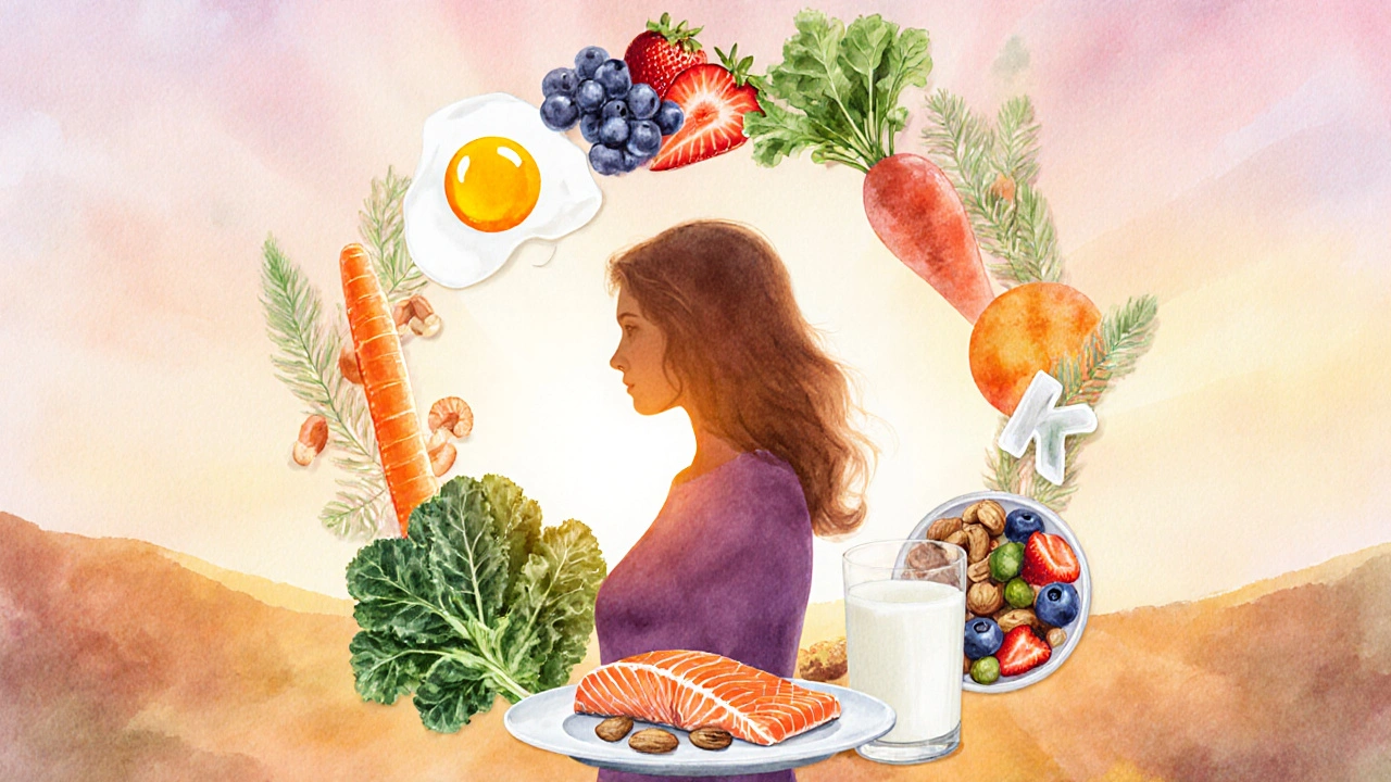 Watercolor scene of a woman surrounded by foods rich in vitamins linked to menstrual health.
