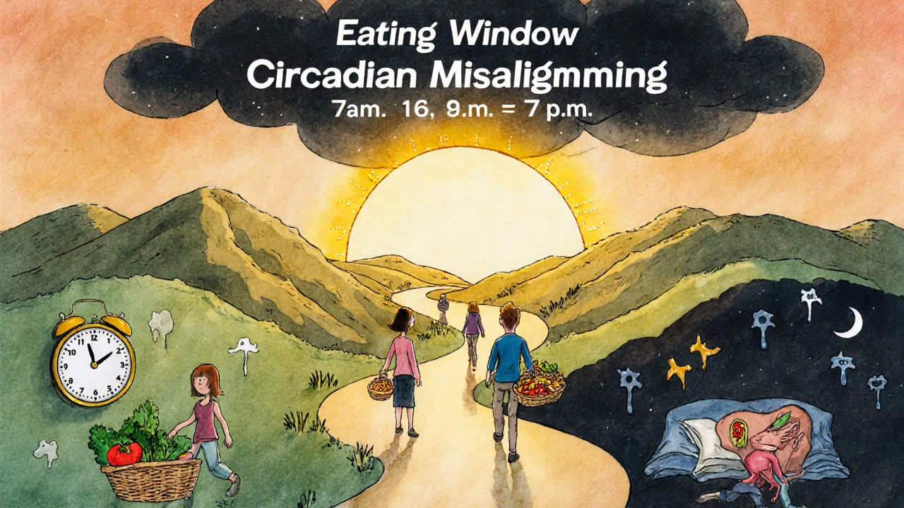 A body landscape with a sunlit eating window and a dark storm cloud of circadian misalignment.
