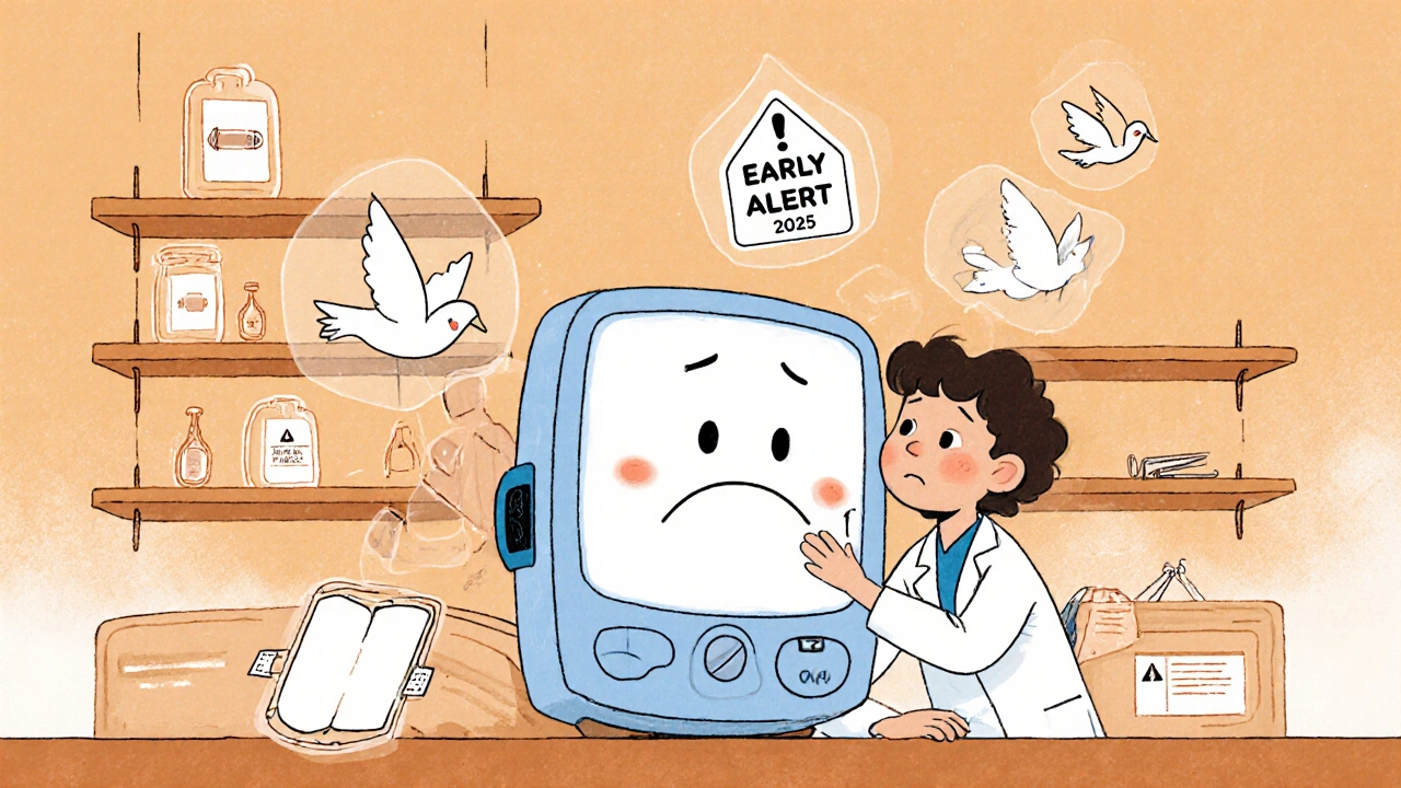 A child examining a glucose monitor with floating safety alerts shaped like birds.