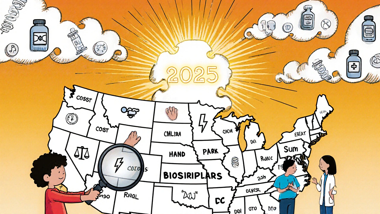 A child fixes a state-shaped puzzle of U.S. drug laws, with a glowing 2025 harmonization piece being added.