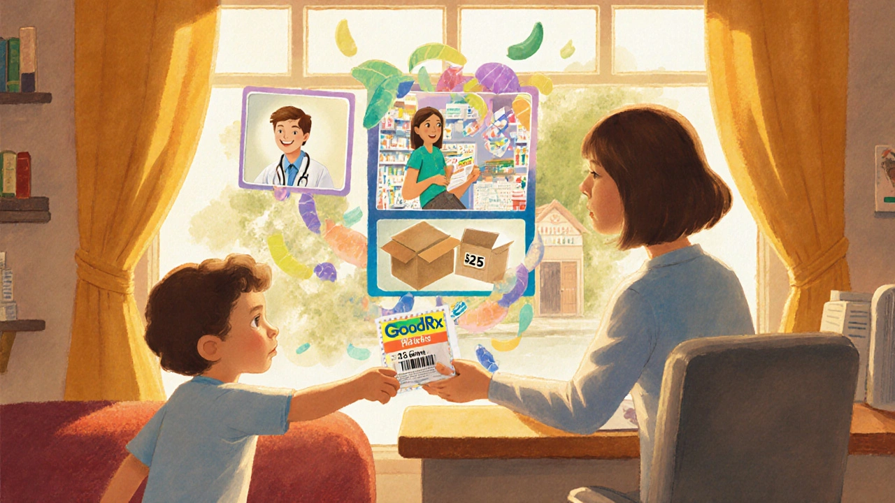 A child giving a coupon to an adult at a pharmacy, with magical scenes of help behind them.