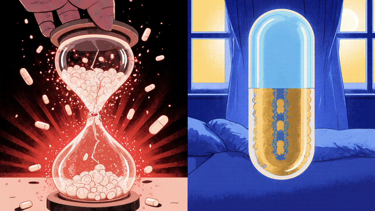 A cracked extended-release pill spilling its contents like an hourglass, with a glowing red warning and intact pill showing internal layers.