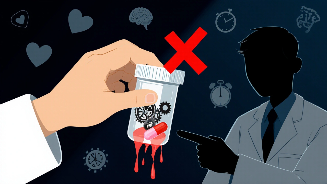 A crushed extended-release pill revealing hidden mechanisms with a warning symbol glowing red.