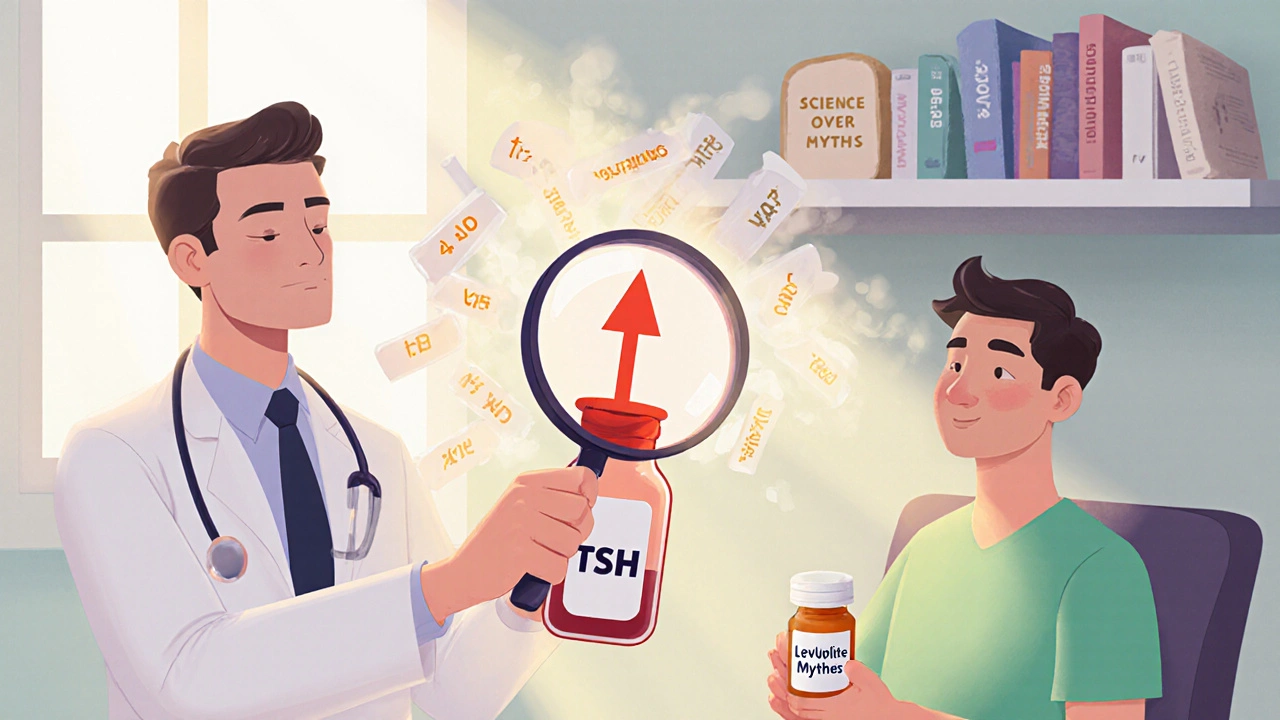 A doctor examining a TSH blood test while other thyroid tests fade away, with a patient calmly holding levothyroxine.
